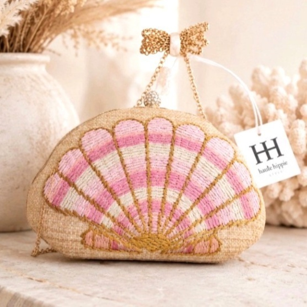 Haute Hippie Shell Clutch Women Pink Embroidered Coastal Resortwear Boho Wedding